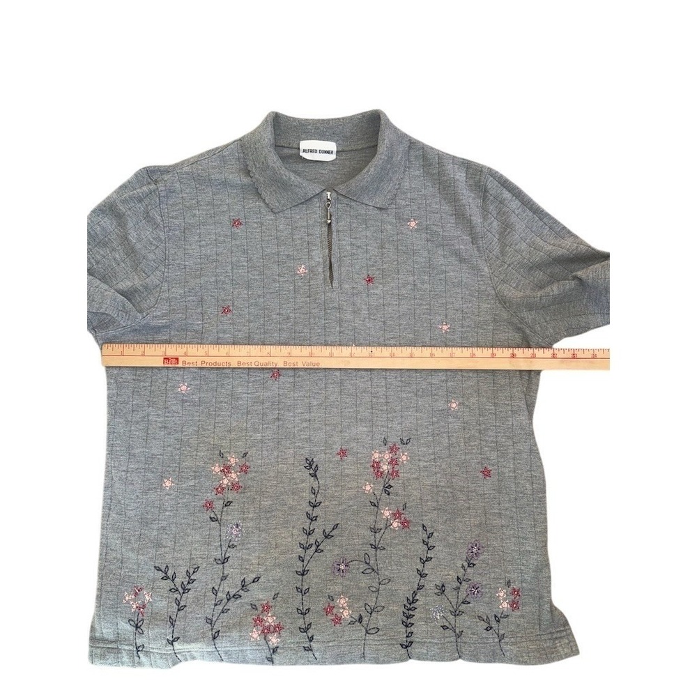 Polo‎ Shirt Womens XL Gray Ribbed Zip Neck Floral Embroidery grandmacore - Picture 4 of 4